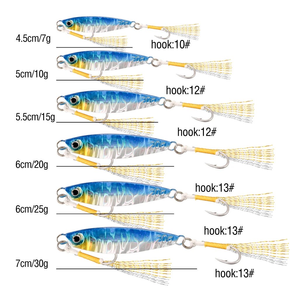 5 Stück Jigging-Köder, 7 g–30 g, schnell sinkende Metall-Jig, Salzwasser-Gussköder, scharf, mit scharfem Hilfshaken, künstlicher harter Köder – Detail 8