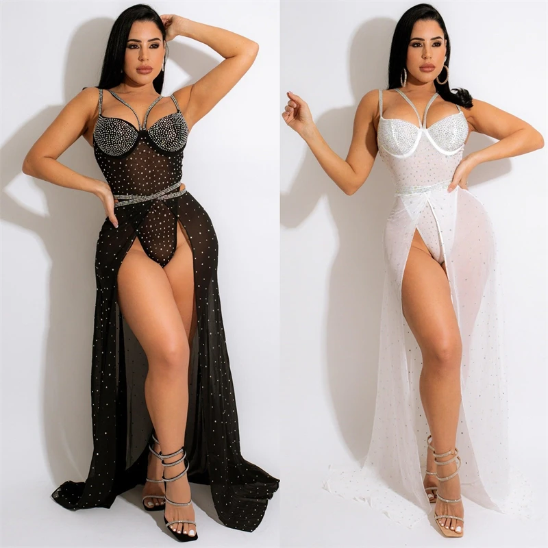 

Diamonds Two Piece Set Dress Women Summer Beach Suits Spaghetti Straps Bodysuit Top Lace Up Sheer Mesh Maxi Skirt Party Outfits