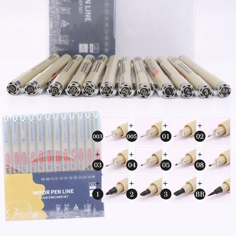 Fineliner Pens 12Pcs Pigment Hook Liner Sketch Markers Drawing Waterproof Art Supplies Manga Comic Handwriting Black