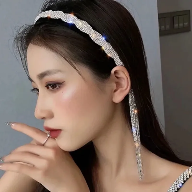

VSnow Hyperbole Bling Bling Long Tassel Rhinestones AB Color Hairband for Women Luxury Metal Hairwear Jewelry Hair Accessories