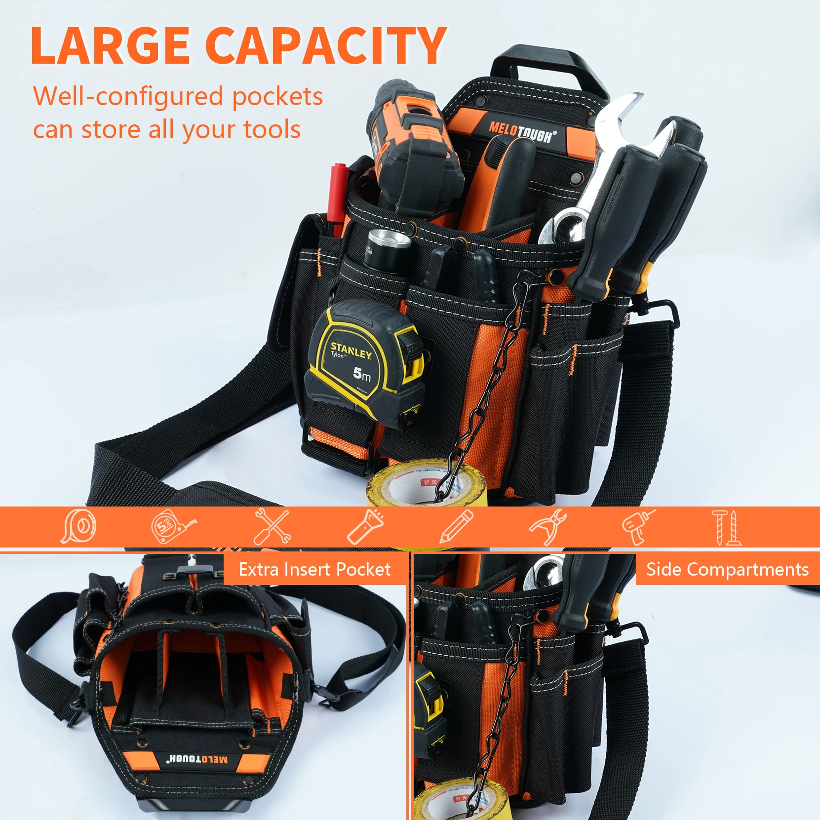 MELOTOUGH Electrician's Tool Bag with Shoulder Strap Professional 15 Compartment Tool Bag Quick Load Tool Bag 6