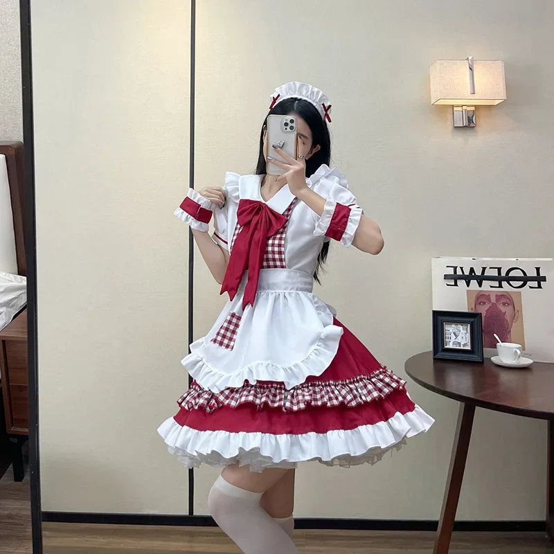 

Black Red Grid Maid Suit Lolita Dress Big Bowknot Kawaii Role Play Costume Classical Cute Style Anime Cosplay Waiter Uniforms