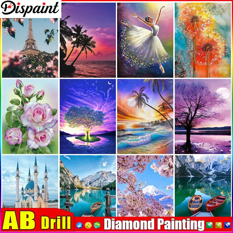 

Полноформатная Алмазная 5D Вышивка Dispaint AB, «Башня, цветок, дерево», квадратная/круглая картина, искусство декора