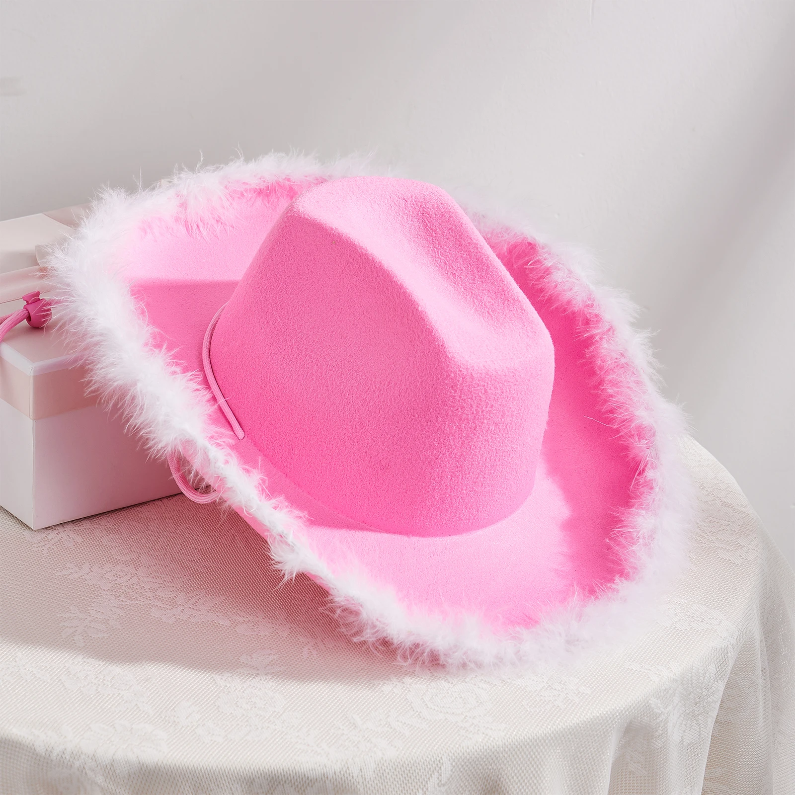 Cowboy Hat Adult Solid Color Fluffy Feather Trim Felt Wide Brim Cowgirl Hat Fashion Female Cap Dating Party cowgirl hats cowboy hats
