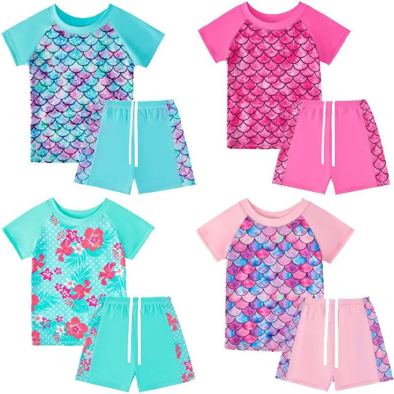 Girls Swimsuit 2024 New Fish Scale Print Short Sleeves Children Swimwear Two Piece Summer Kids Beach Wear Swimming Bathing Suit