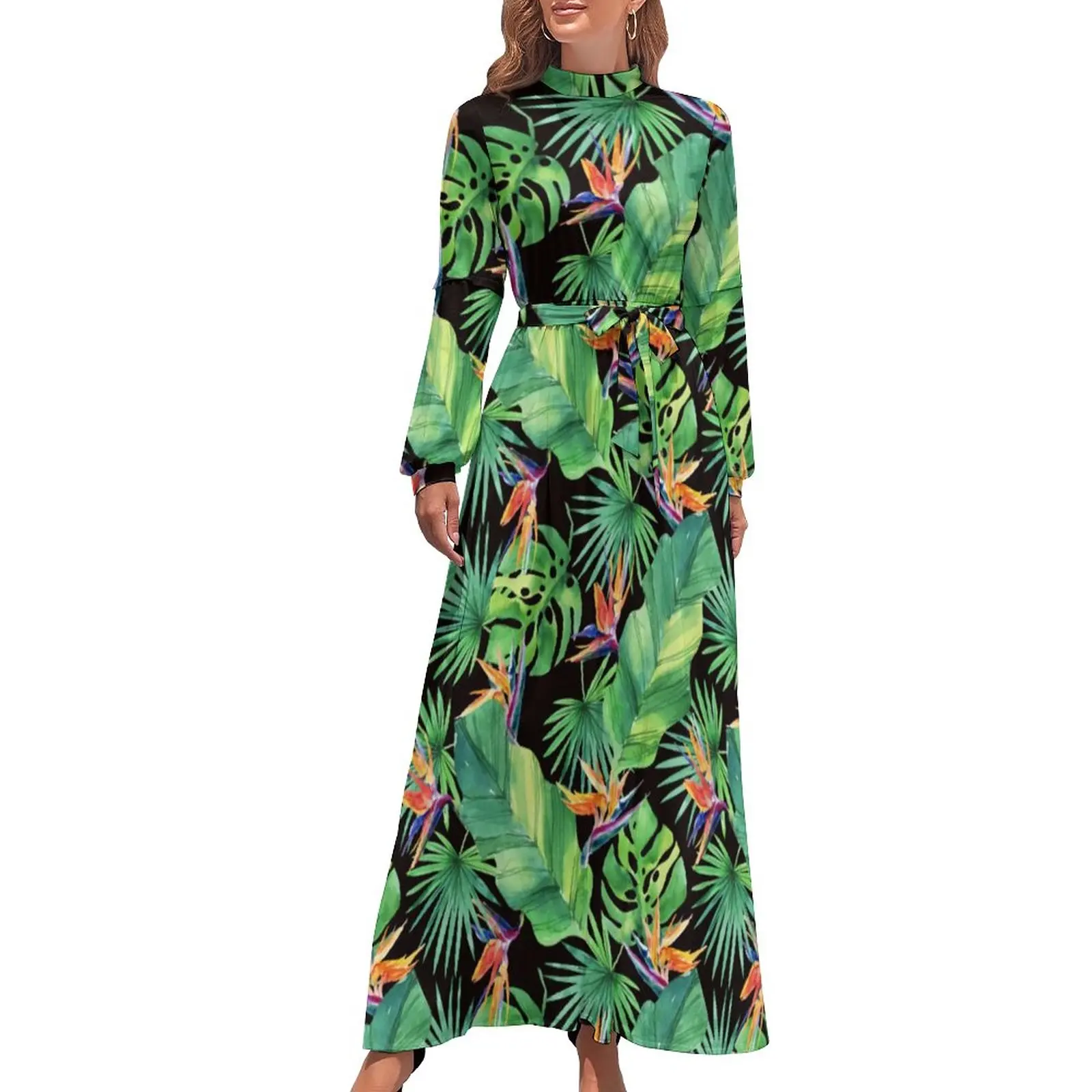 

Jungle Tropical Print Dress High Waist Bird of Paradise Bohemia Dresses Long Sleeve Street Wear Long Maxi Dress Cute Vestidos