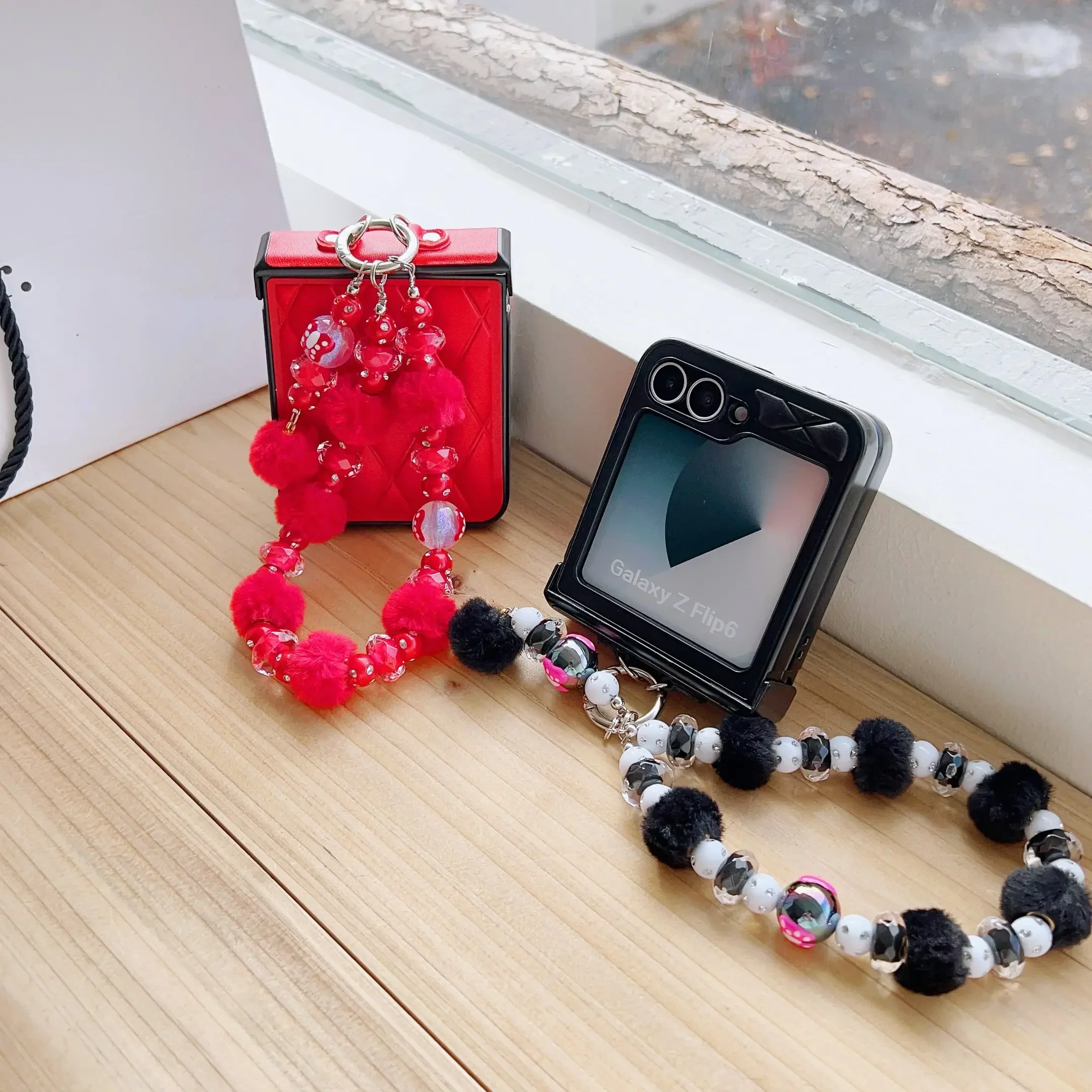Cute Bobbles Glitter Bead PU Leather Wrist Strap Phone Case with Hinge Protection and Shockproof Cover