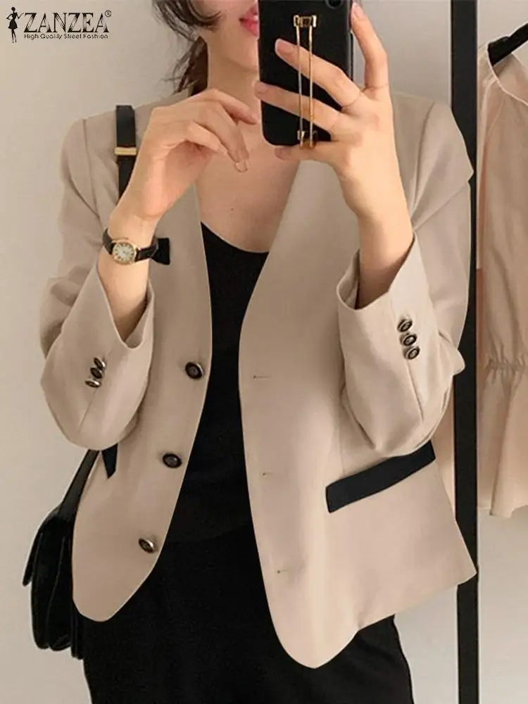 

ZANZEA 2023 Autumn V Neck Long Sleeve Blazer Korean Fashion Women Office Work Thin Outwear Casual Color Patchwork Jackets Suits