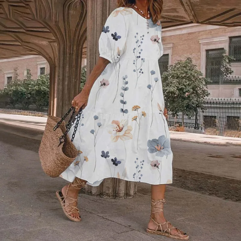 

Elegant High Waist Pleated Beach Dress 2023 New O-neck Printed Loose Boho Dress Casual Women Short Sleeve Summer Dress Vestidos