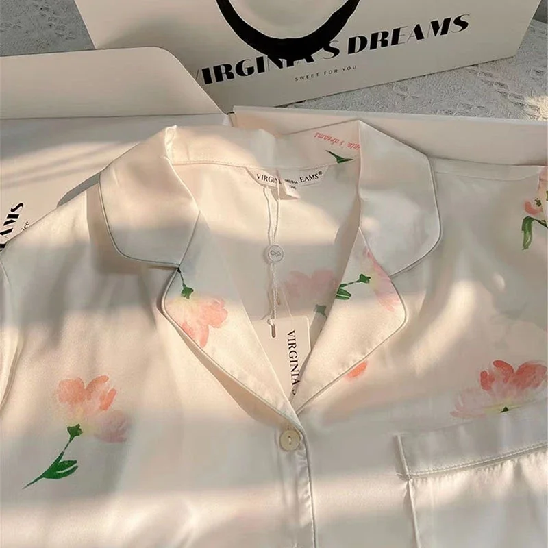 Women's Summer Faux Silk Pajama Shorts Set Casual Women's Short Sleeve Top and Shorts Home Clothes Flower Faux Stain Pajama Set