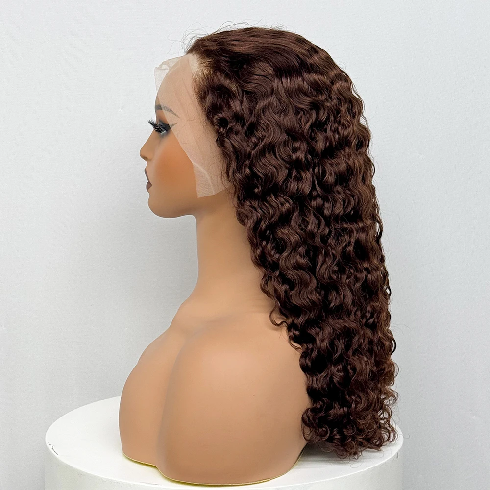 250% Density 20 Inch Chocolate Brown Water Wave Curly Front Human Hair Wigs 13x4 Transparent Lace Frontal Wig 4# Brown 99J Color