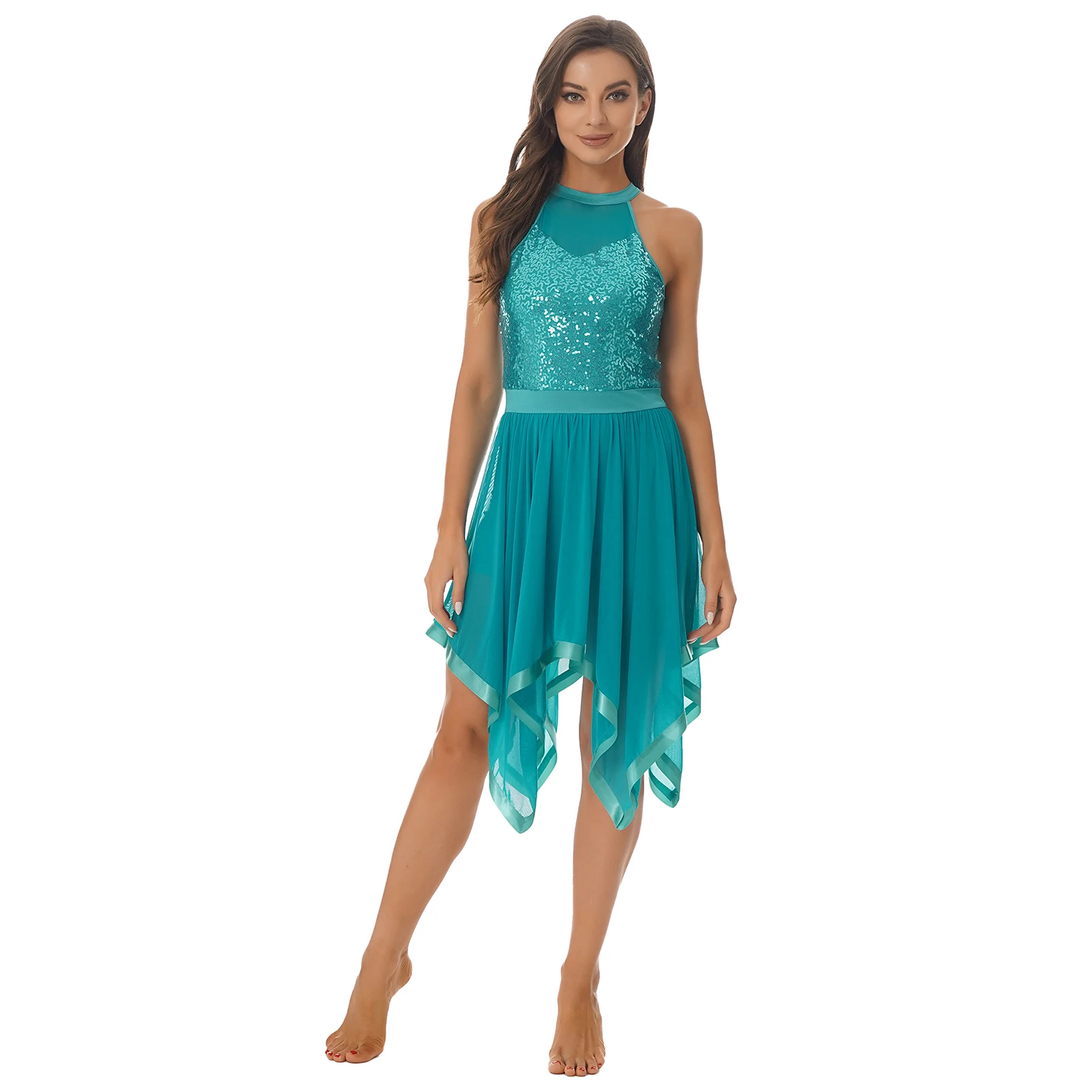 Women's Shiny Sequins Halter Backless Ice Figure Skating Dress, Elegant Adult Lyrical Dance Performance Costume, Ballet Dress