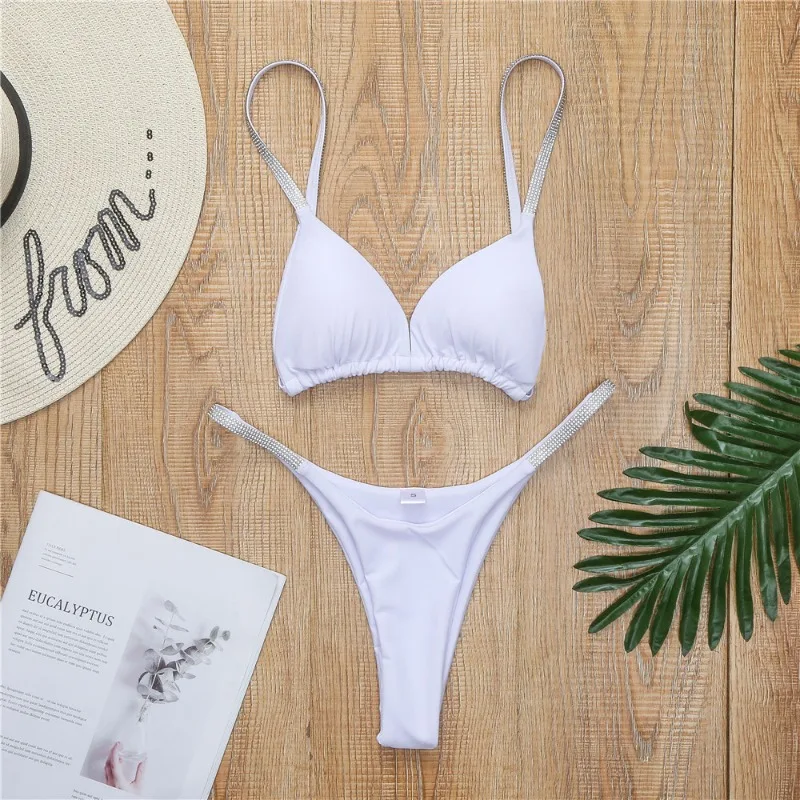 Sexy 2 Piece Bikini Set for Women String Tie Triangle Thong Sparkly Metallic Shiny Swimsuit