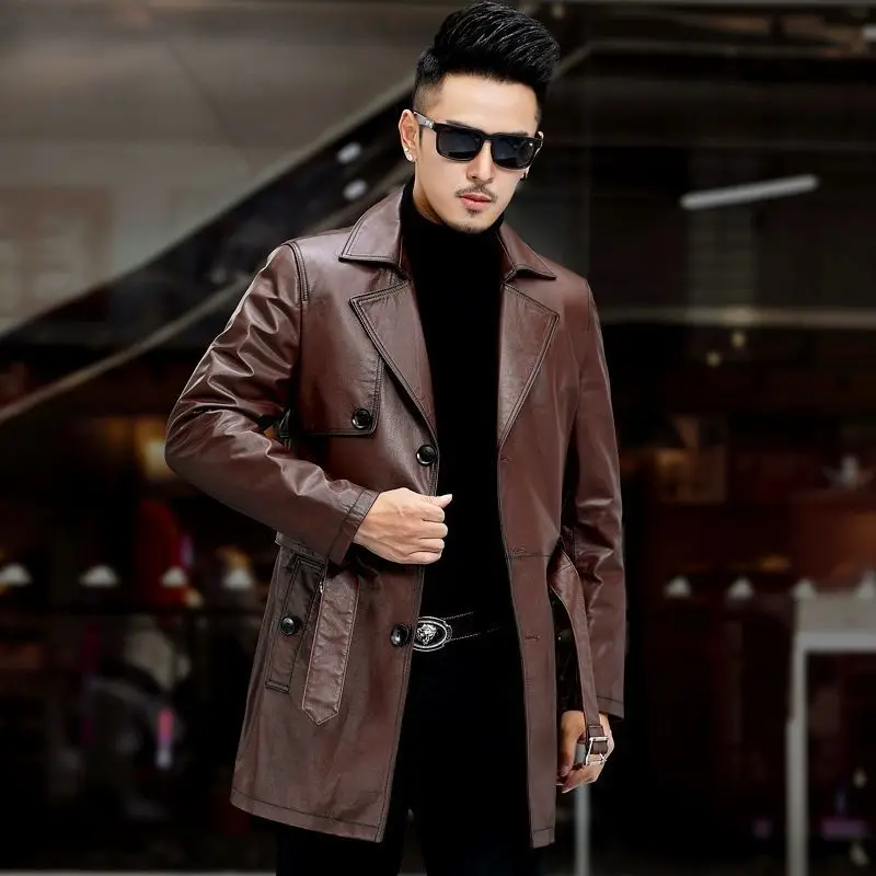 Genuine Leather Long Coat Men's Brown Genuine Leather Trench Coat