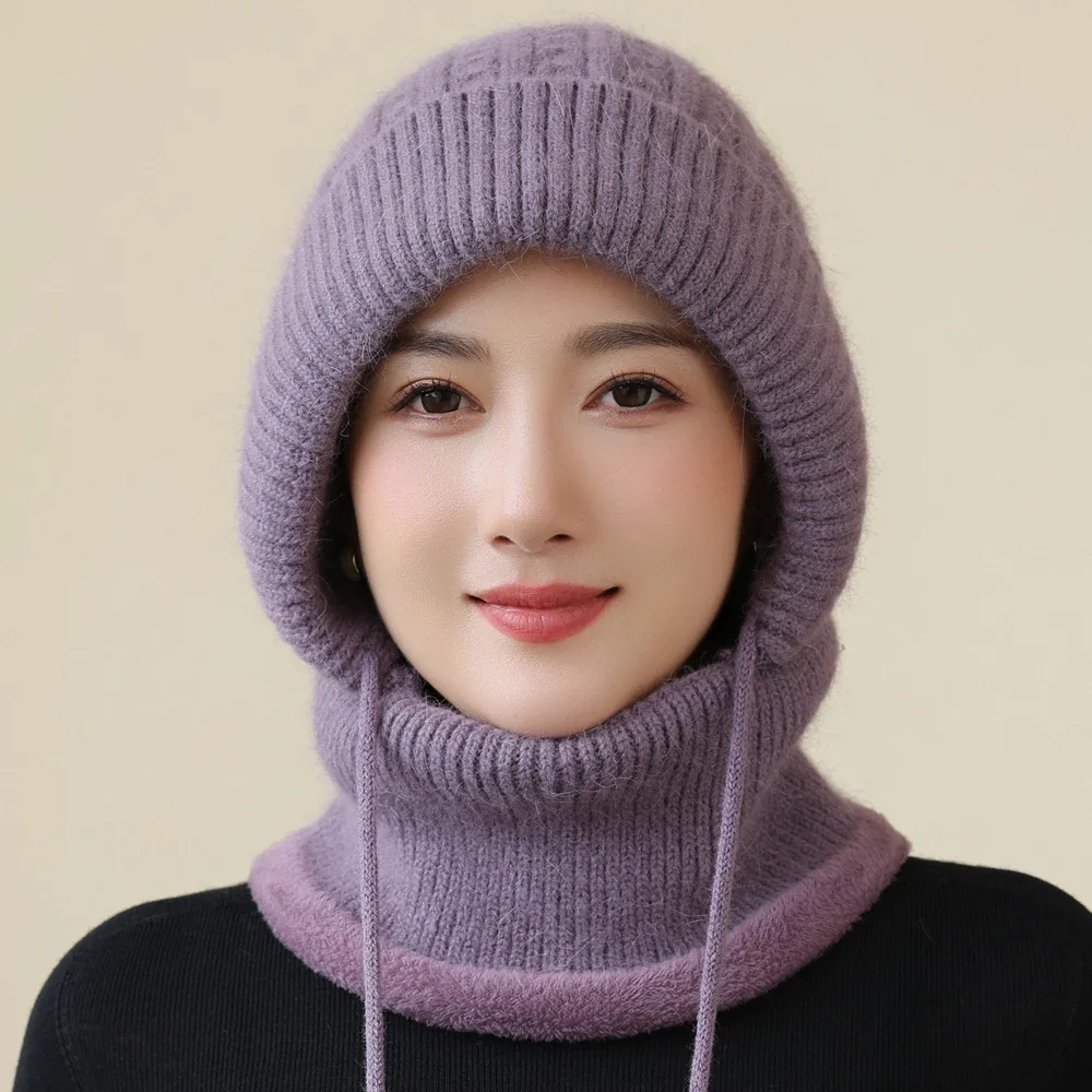 Hot Sale Winter Women Keep Warm Knitted Hat Neck Protection Beanie Cap Fur Lined Warm Hats For Women Windproof Balaclava Cap