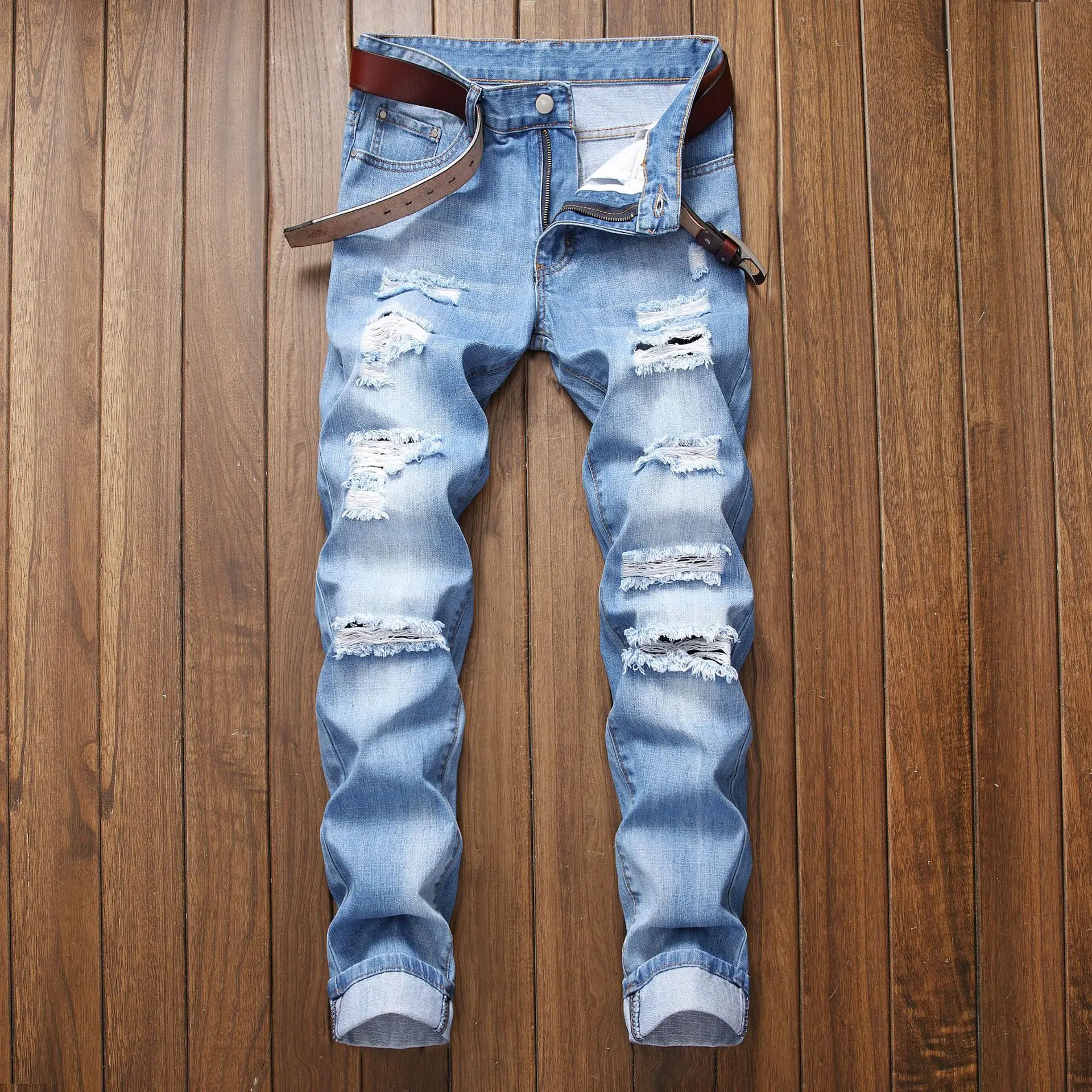 Mens Ripped Jeans Straight Slim Tattered Trousers Autumn Streetwear Large Size Denim Pants