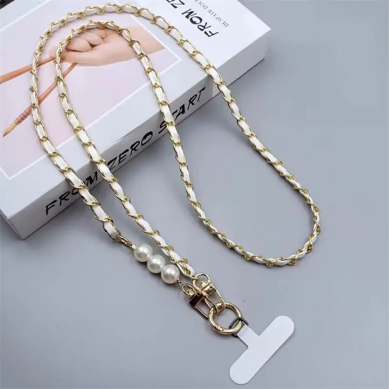 Elegant Pearl Accent Phone Lanyard -Braided Leather&Metal Chain Strap with Universal Phone Case Adapter,Crossbody Bag Decoration