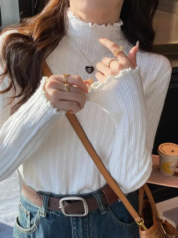 2024 Korea Ruched Turtleneck Women Sweaters Autumn Winter Warm Pullover Slim Tops Knitted Sweater Jumper Soft Pull Female 3