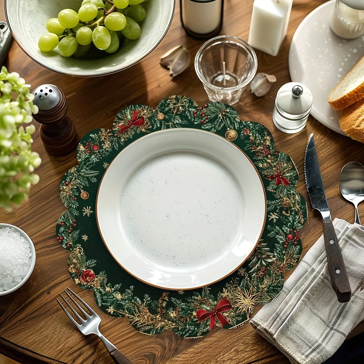 2/4pcs Round Placemats For Dining Table, Christmas Created-Emerald Green Golden Pattern Round Table Mats,Best For Christmas_voghion.com