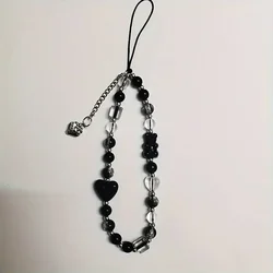 Strawberry Bear Charm Phone Lanyard with Cute Black Love Wrist Strap (Black lanyard)