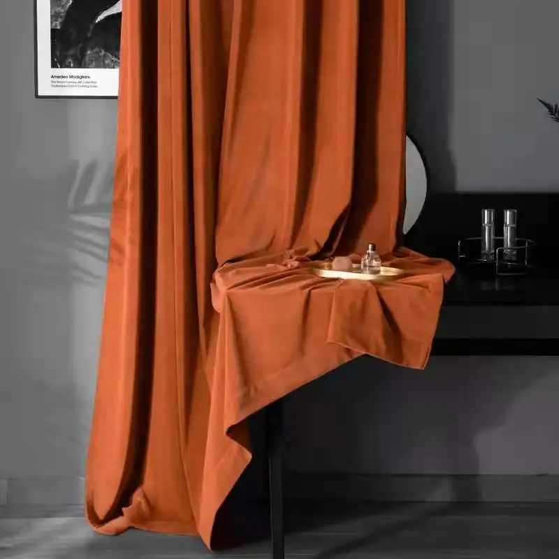 Simple Stylish Solid Color Dark Orange High Blackout Curtains High-end Thicken Australian Wool Curtains for Bedroom Living Room 2