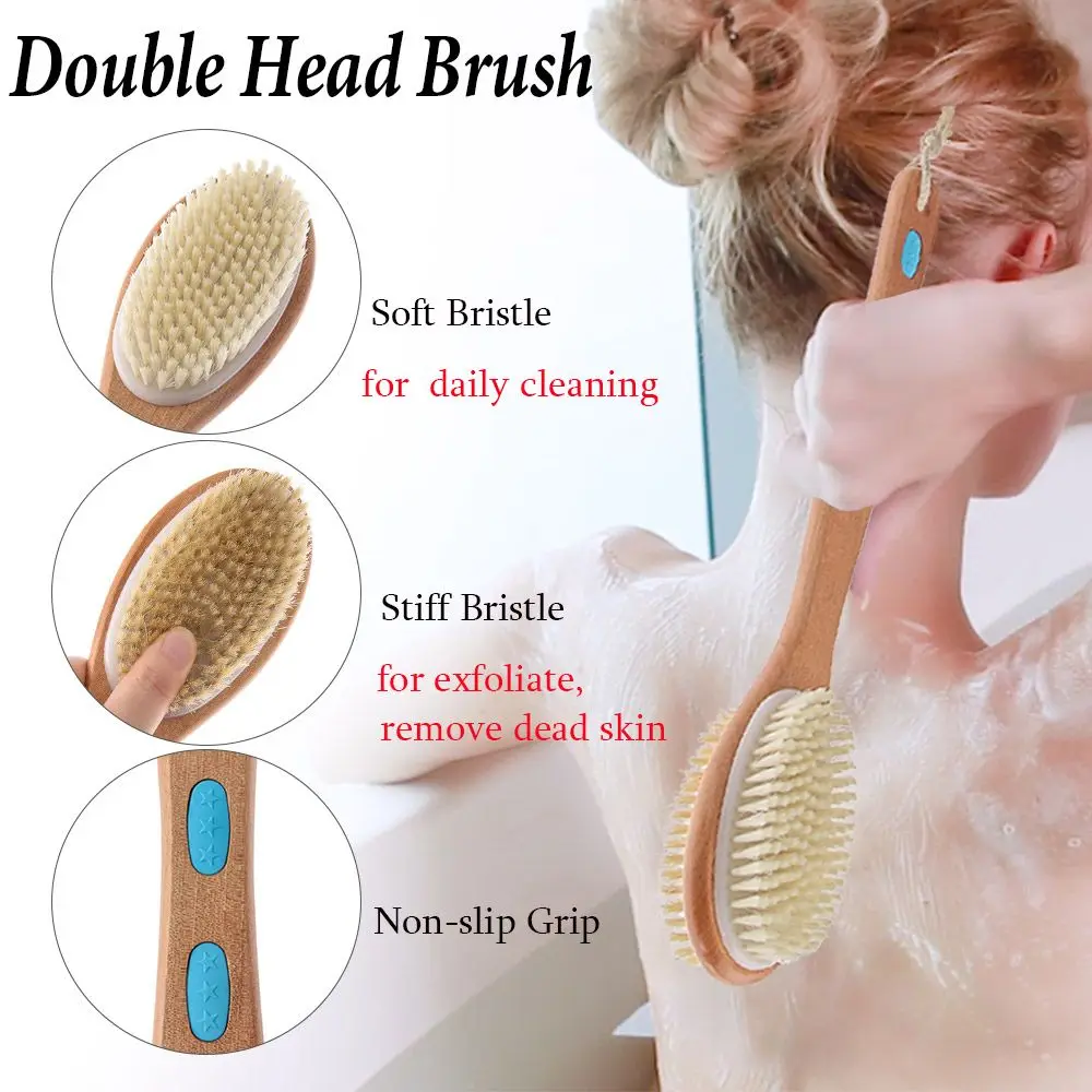 Massage with Long Wooden Handle Back Foot Scrubber Shower Brush Bristle Bath Brush Double Side Head Body Exfoliating Cleaner 3