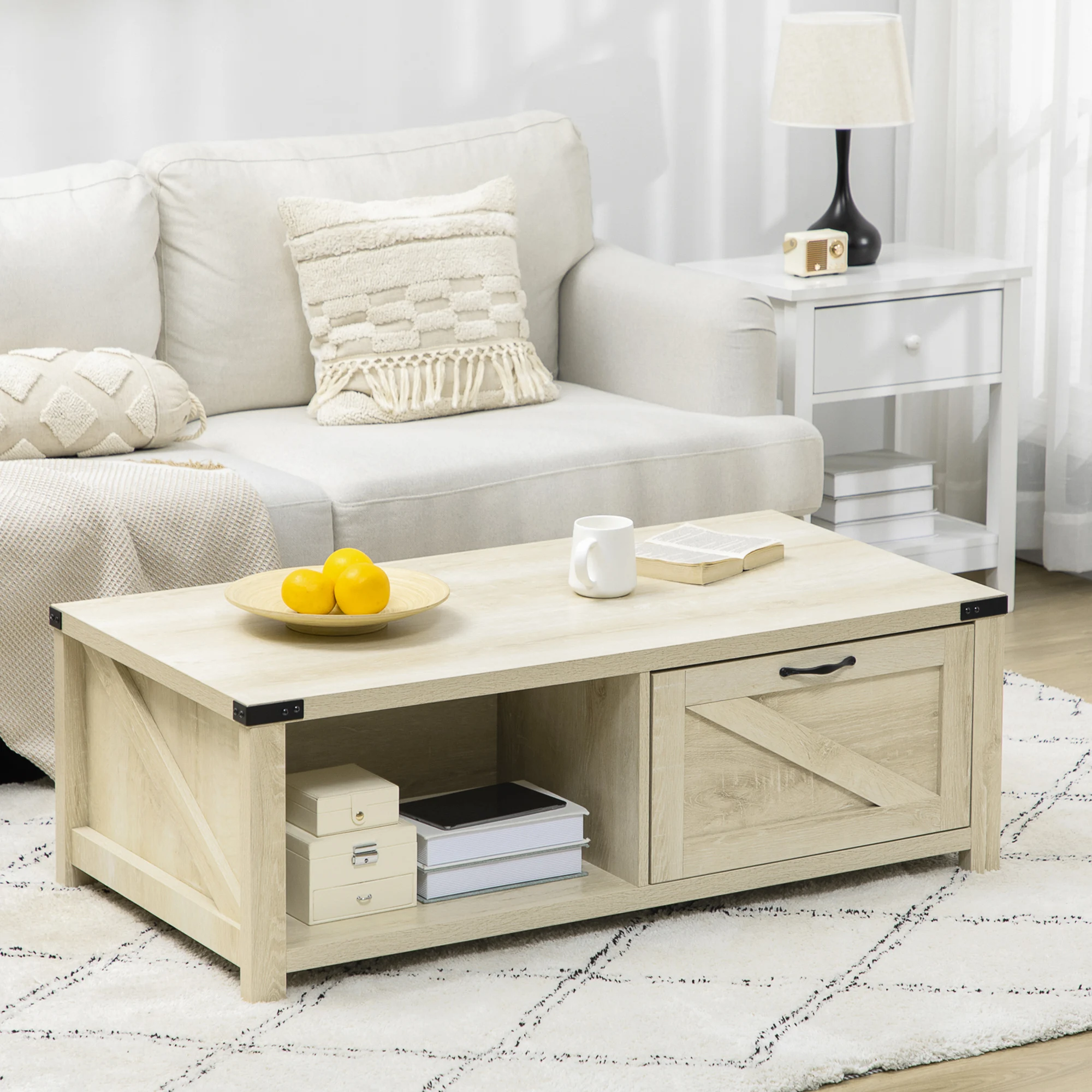 Wooden Farmhouse Living Room Table with Open Storage and Barn Door Design, Oak 3
