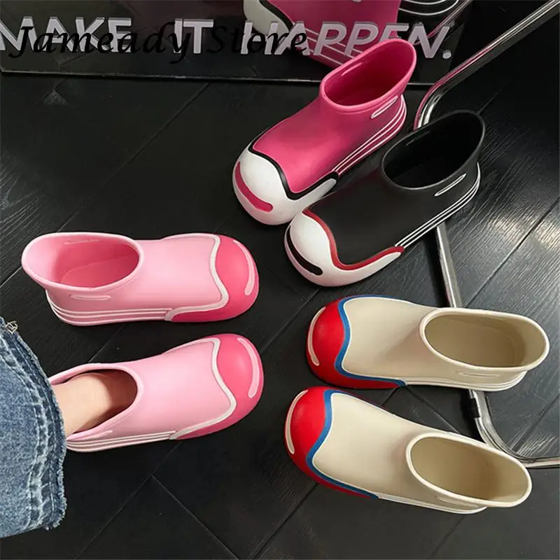 

Ins Fashion Women Rain Boots Thick Bottom Cute Sweet Big Round Toe Rubber Shoes Mixed Color Striped Flat Heel Female Botas New