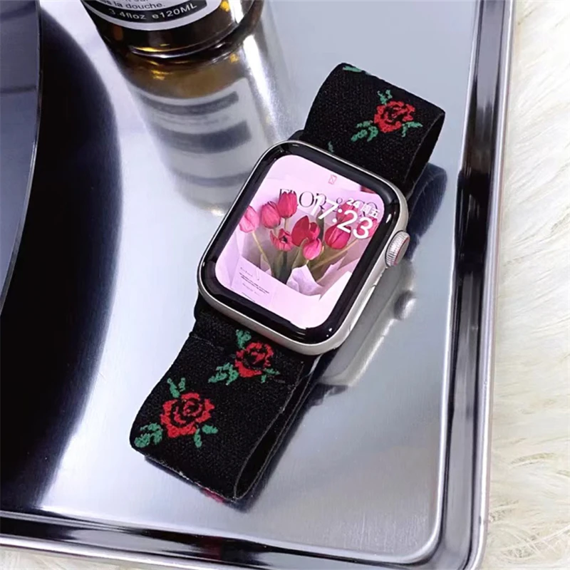 Retro Red Rose Flower Nylon Band Elastic Strap For Watch Series 8