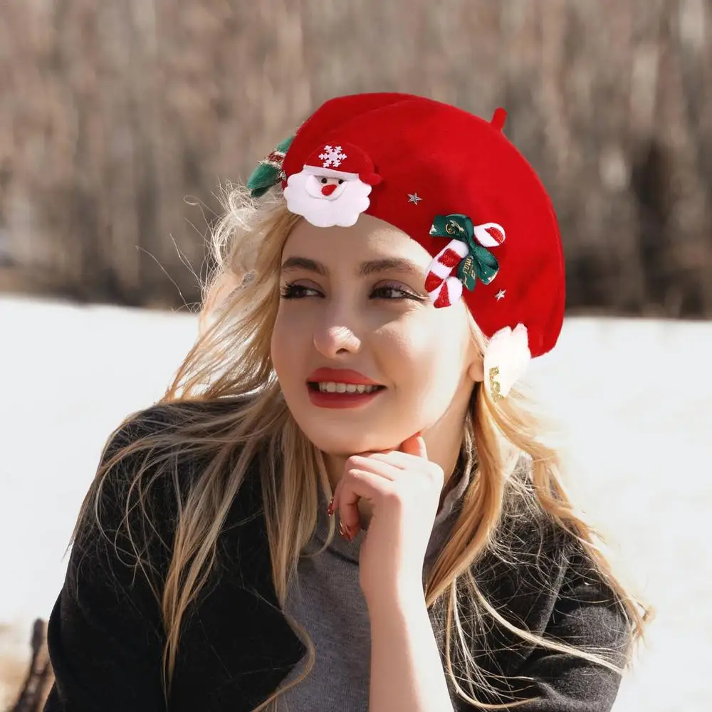 Description Picture 6 of itemChristmas Hat Red Beret Female Winter Headwear Xmas Party Dress Up New Year Gifts Sweet Girl Women Wool Tweed Beret Cap