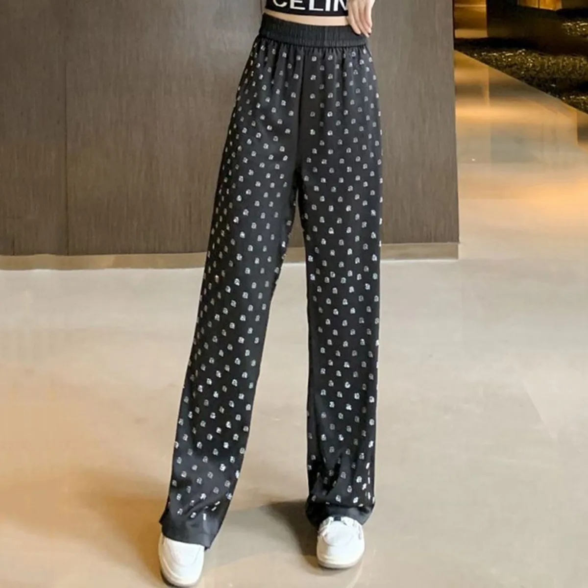 

Hot Diamond Ice Silk Wide Leg Pants for Women's Summer Thin Design High Waist Loose Slim Straight Leg Pants