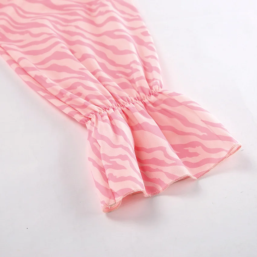 Pink Printed Ruffled Long Dress Women's Lace-Up Long Sleeve Elegant Contrast Patchwork Party Dress Female Bandage Dress