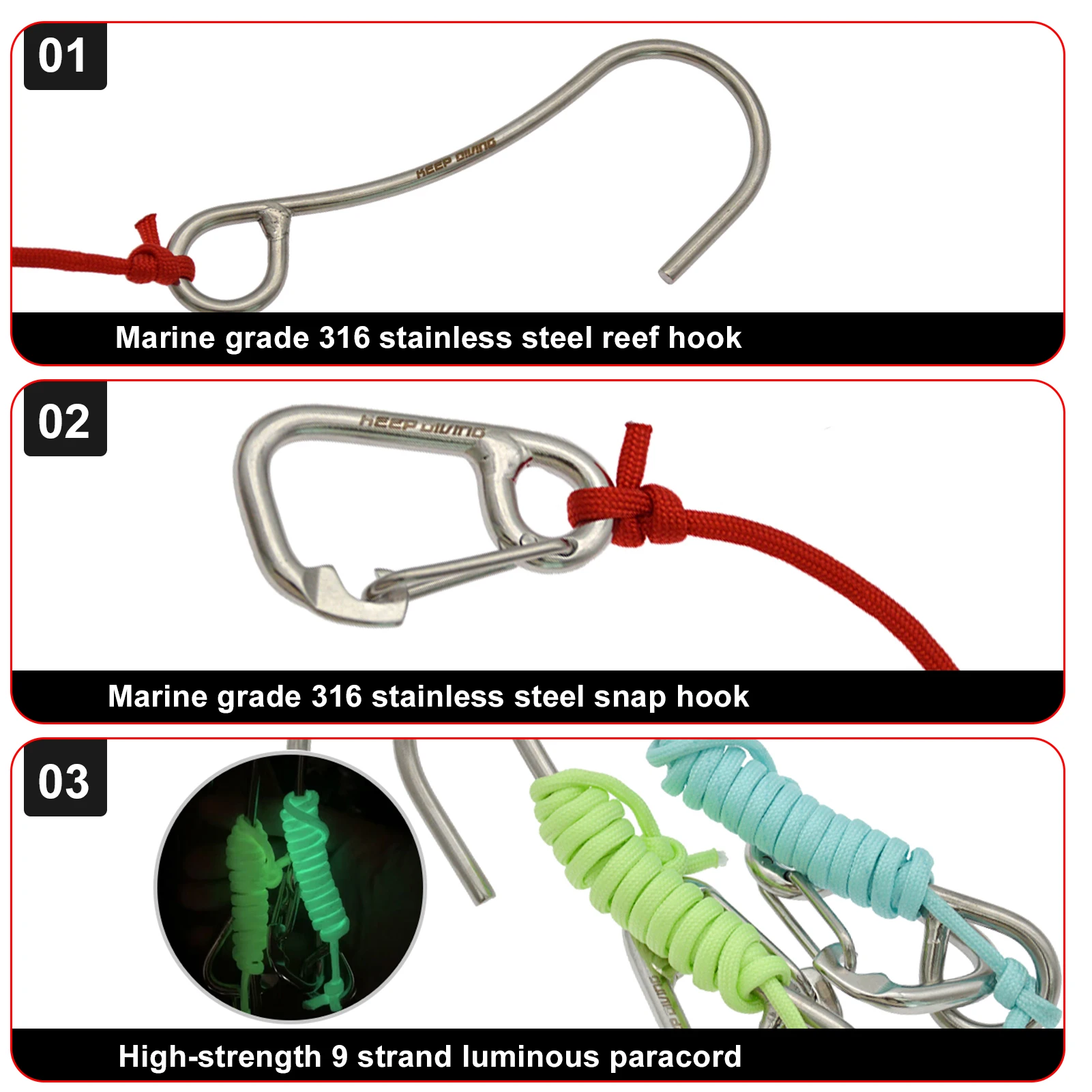 

Reef Drift Hook Scuba Diving 316 Stainless Steel Reef Drift Hook with Braided Rope Lanyard 6 colors new