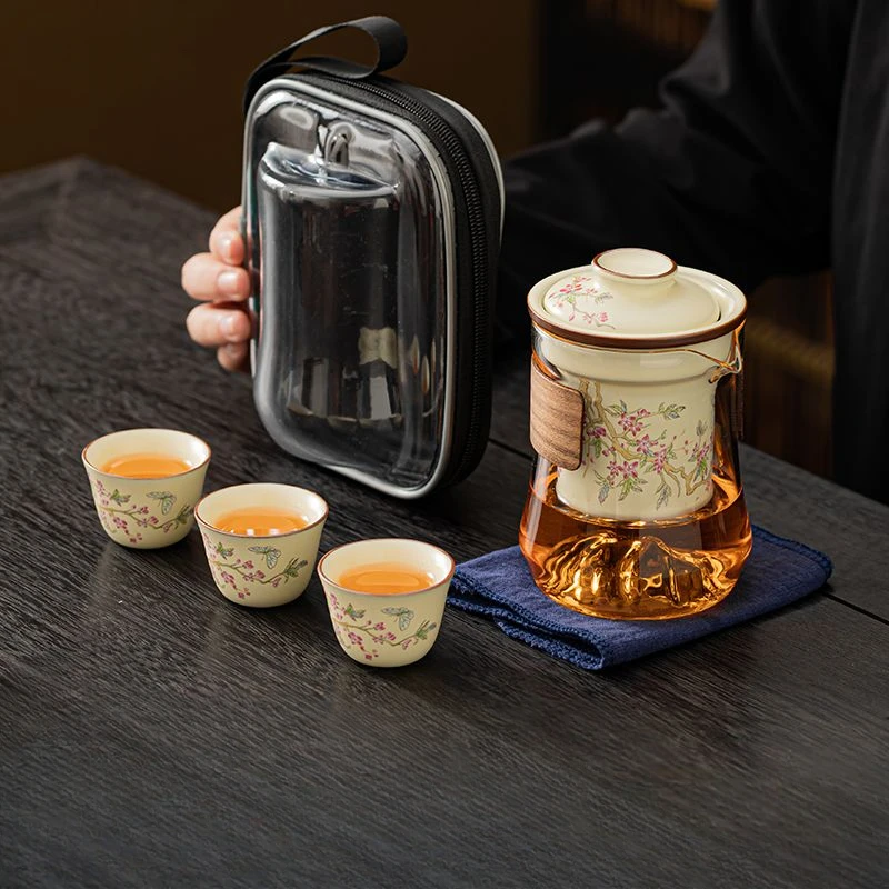 High-end Wisteria Ruyao Beige Travel Tea Set Simple Household Outdoor Ceramic Teapot Tea Set Quick Cup with Portable Storage Bag