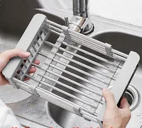 ที่จัดระเบียบอ่างล้างจานแบบยืดหดได้, ตะกร้าระบายน้ำแบบยืดหดได้สำหรับล้างผักและเช็ดจาน, สแตนเลสประหยัดพื้นที่ 6