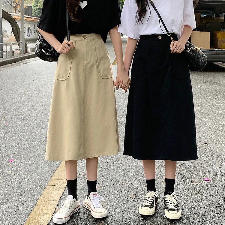 

Women 2024 Summer New Fashion Students Casual Loose Skirt Female High Waist A-line Skirts Ladies Long Solid Color Skirts K14