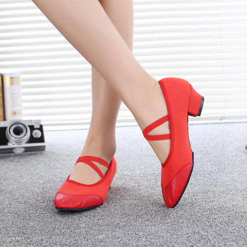 

New Teacher Dance Shoes Canvas Leather Ballet Shoes Square Low Heel Dancing Shoe Black/Red Girls Women's Shoes Teaching Practice