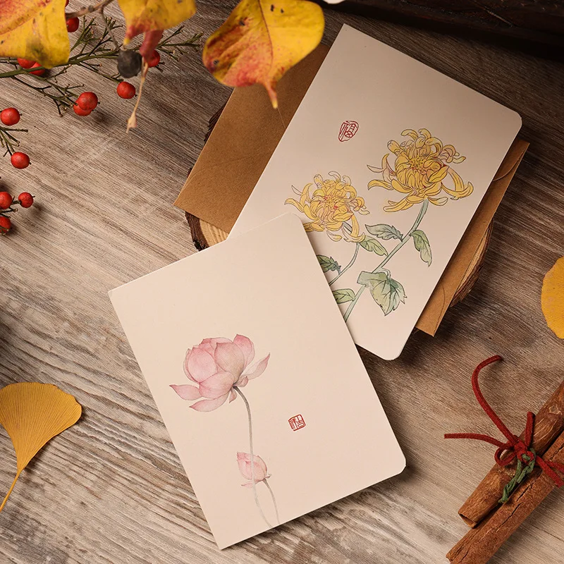 Floral Chinese Vintage Style Greeting Invitation Cards 10pcs/set 8.5x11.5cm Wedding Gift Card with Kraft Envelope