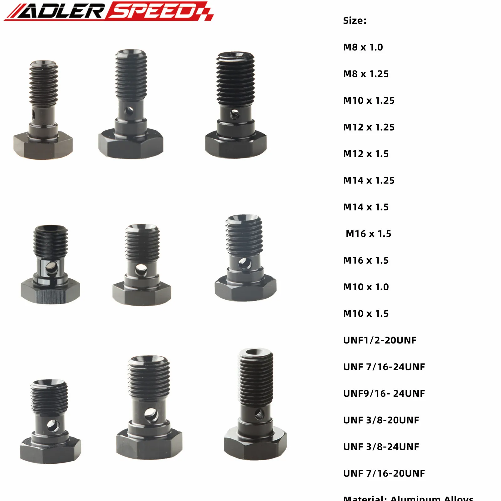 ADLERSPEED 알루미늄 브레이크 피팅 어댑터 - 밴조 볼트 M8/M10/M12/M14/M16 x 1.0/1.25/1.5, 1/2-20, 7/16-24, 3/8-24 검정색