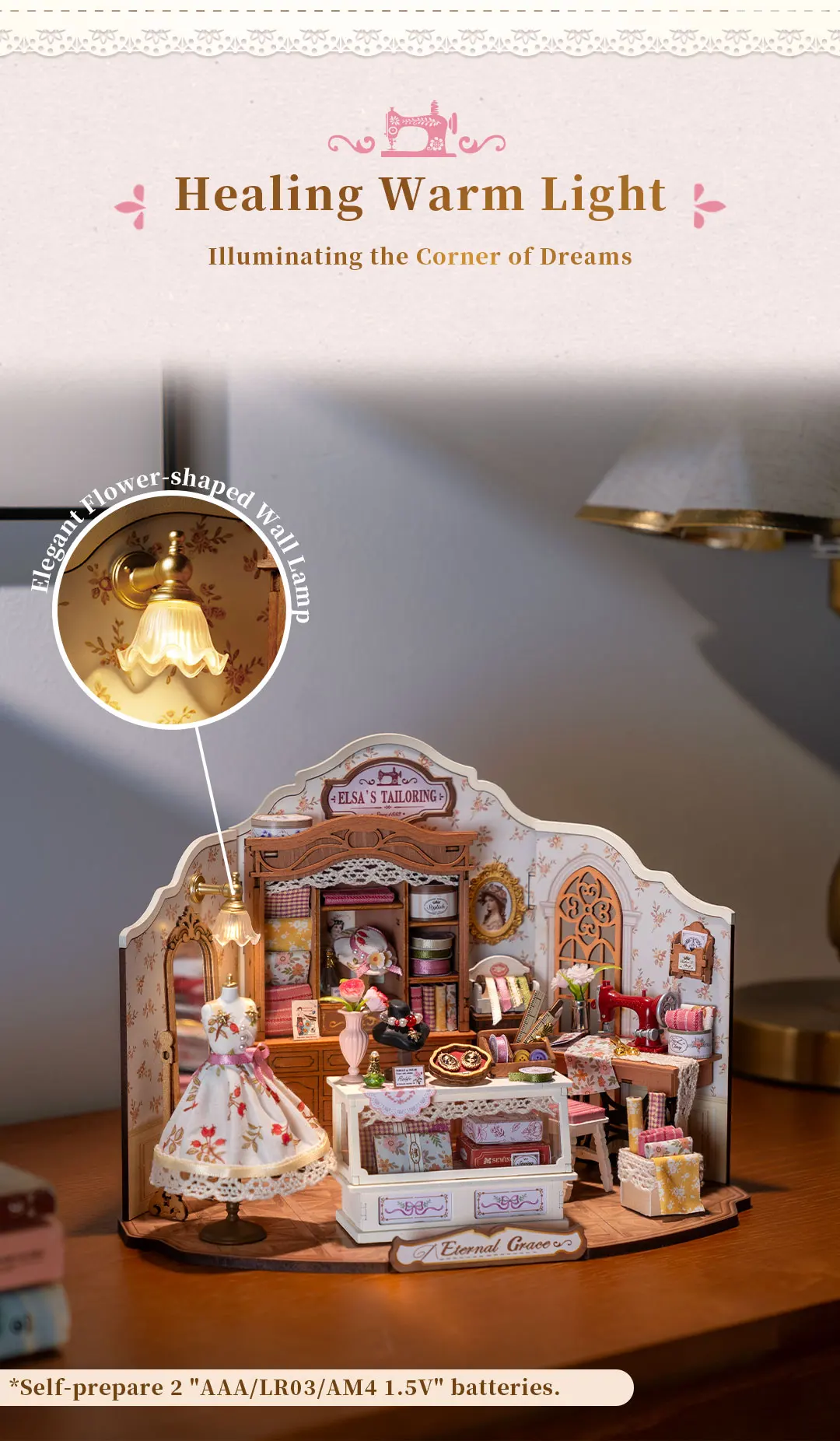 Robotime Elsa's Tailoring Shop DIY Miniature House Victorian Style Craft Studio Kit Interior Decor Unique Gift for Adults Teens