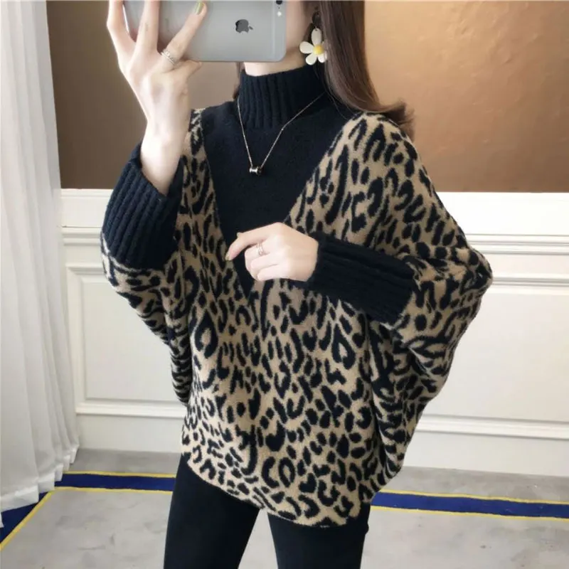 

Women's Clothing Batwing Sleeve Leopard Sweaters Autumn Winter New Thick Half High Collar Spliced Loose Knitted Jumpers Female
