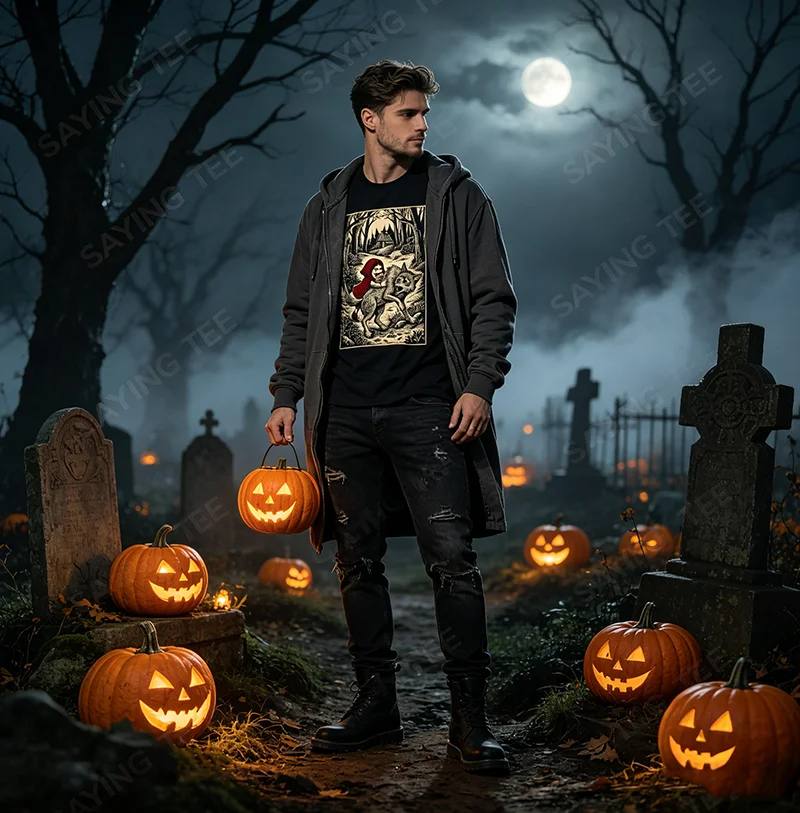 Rotkäppchen Humor ausgewickelte Geschichten T-Shirt Halloween-Kostüm Y2K Twisted Fairy Tale Holzschnitt-Grafik-T-Shirt Neuheit