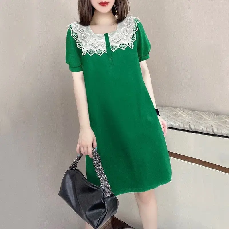 

Summer New Women's Pullovers Korean Loose Casual Contrast Color Square Collar Lace Spliced Button Short Sleeve Straight Dress