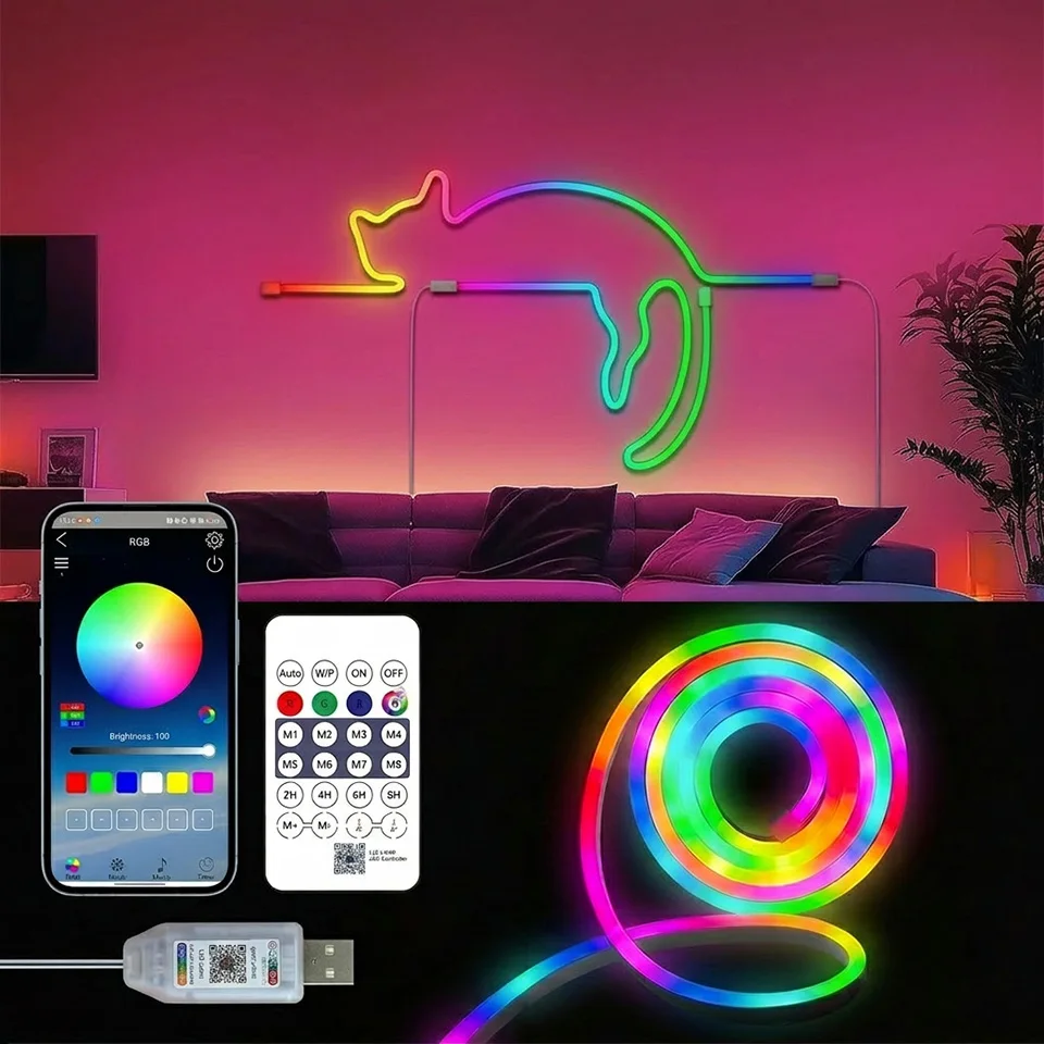 5V USB RGBIC Neon Light Strip 1m-10m Flexible Ribbon IP65 Waterproof with Bluetooth APP Remote & Music Sync for Gaming Room