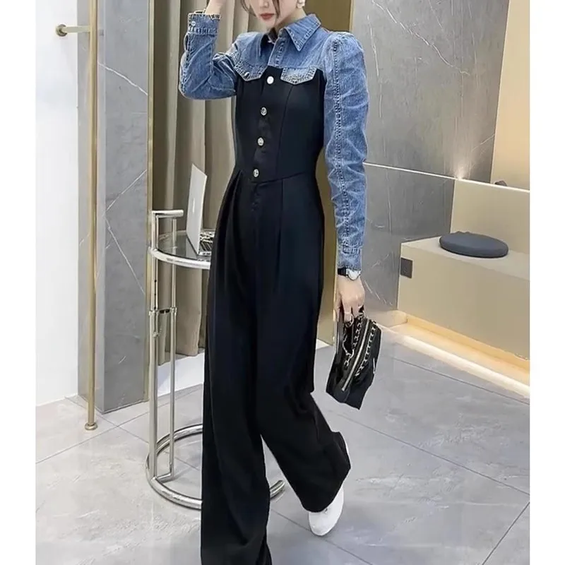 

fashion jumpsuit for women autumn 2023 new European denim shirt patchwork slim wide leg pants overalls female