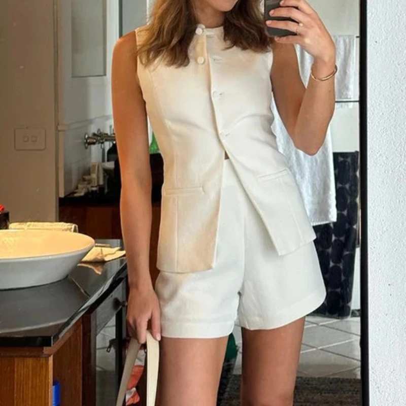 2024 Hot White Simple Intellectual Woman Vest Shorts Set Women's Summer High Waist Sleeveless Vest Two-Piece Set