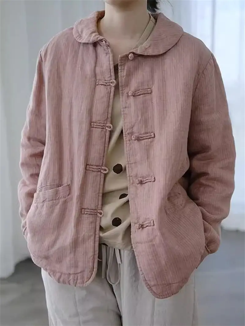 

Китайская цветная тканая утепленная хлопковая куртка в полоску в стиле ретро для женщин, осенне-зимнее льняное пальто, Кардиган большого размера на пуговицах Z4937