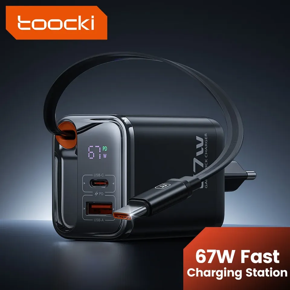 Toocki 67W 3 in 1 USB C Super Charging GaN Digital Display Charger With Type C Cable For Iphone 16 15 Samsung Xiaomi Laptop