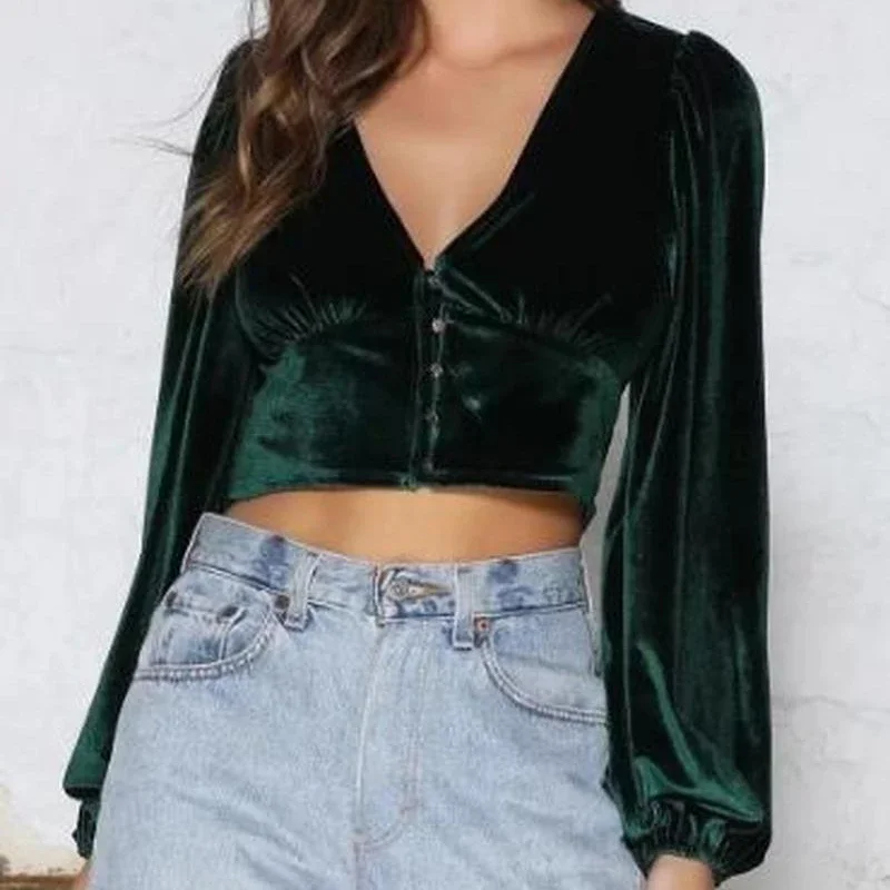 

Spring and Autumn Retro Sweet Lace T-shirts Sexy Deep V-neck Tees 2023 Women Elegant Lantern Long Sleeve Tops Elegant Streetwear