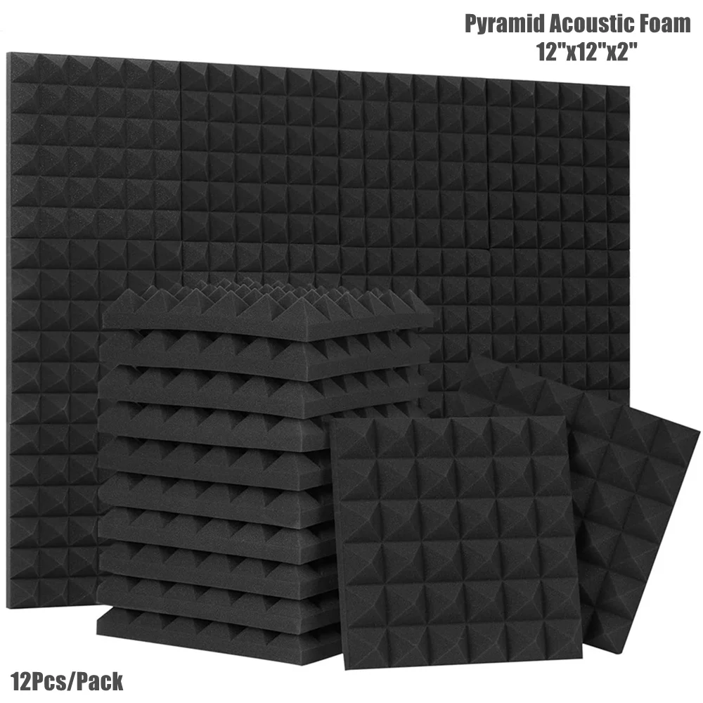 

12Pcs/Pack 12"x12"x2" Pyramid Acoustic Foam Panels Studio Sound Absorbing Foam Tiles Drum Room Sound Treatment Wall Sponge Pads